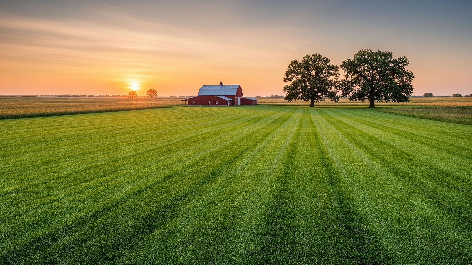Freshly mowed striped green lawn in front of a red barn at sunset in north Iowa